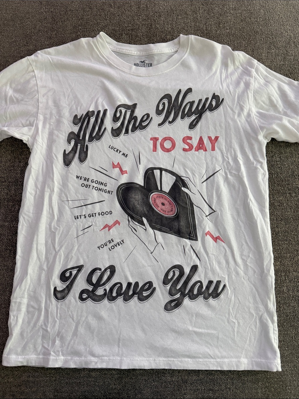 Hollister White Short Sleeve Graphic Tee with Black & Pink Print